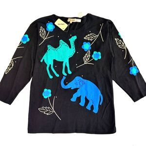 Vintage NWT Leau Vive Womens Medium 80s Silk Angora Top Beaded Elephant Camel